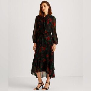 LAUREN RALPH LAUREN Floral Georgette Tie-Neck Dress Long Sleeve Maxi Dress‎  4